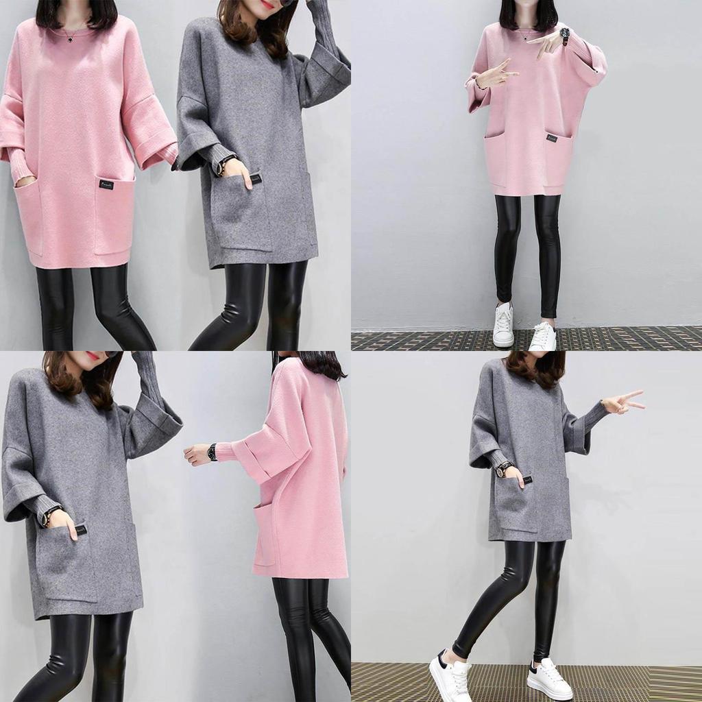Neck Round Women Long Sleeve Solid Patchwork Hoodie Loose Sweatshirt Pocket