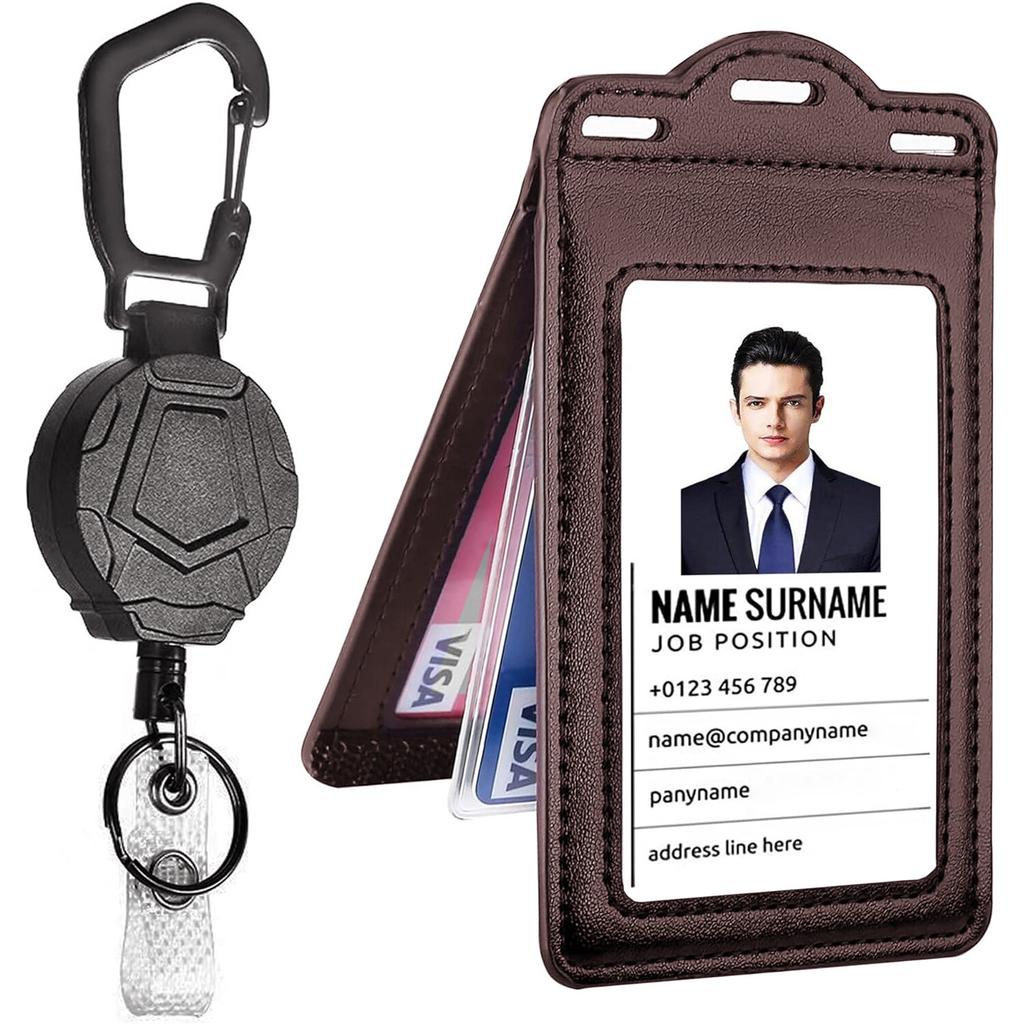 Retractable Reel Heavy Duty Carabiner Leather Card Badge Holders and Clear ID Window for Office Staffs Student Teacher Couriers