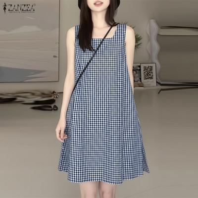 Damen Freizeitkleid Sommer Quadratischer Ausschnitt Locker Gitterdruck Ärmellos