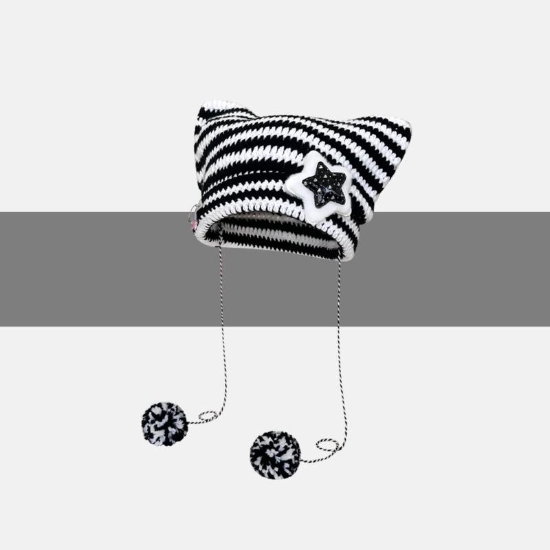 Abbey wind cat ears hat women's autumn and winter yk striped knitted hat cute warm pullover wool hat