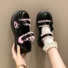 Pink Lace Platform Mary Jane Shoes for Women Patent Leather Bowknot Ankle Strap Lolita Shoes Woman 2024 Autumn Round Toe Flats