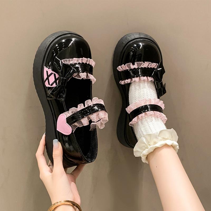Chaussures Mary Jane à plateforme en dentelle rose pour femmes Cuir verni Nœud Cheville Sangle Chaussures Lolita Femme Automne 2024 Bout rond Ballerines