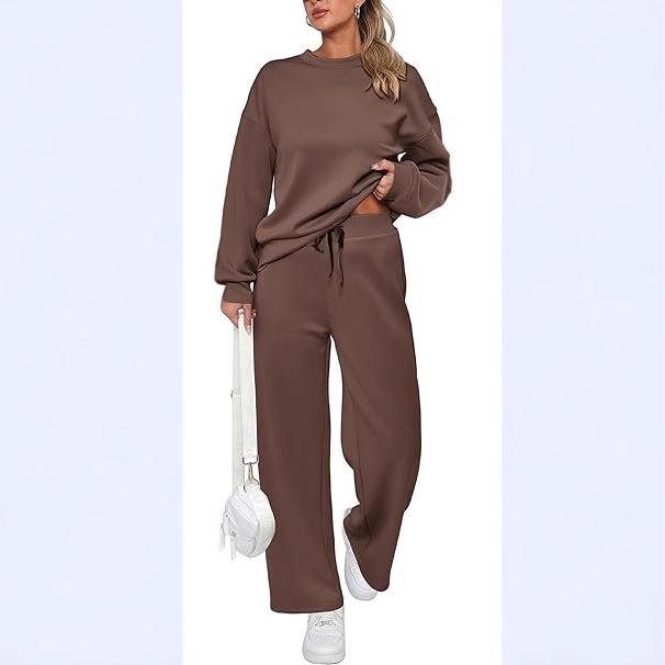 2026 Women's Fall/Winter Long Knitted Two-Piece Set with Long Sleeve Top and Wide-Leg Lace-Up Pocket Pants