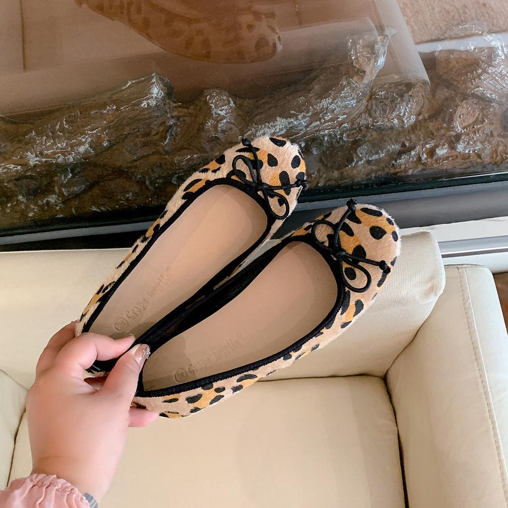 Leopard print leather horsehair round head bow light mouth flat sole shoes French versatile comfortable ballet women's shoes