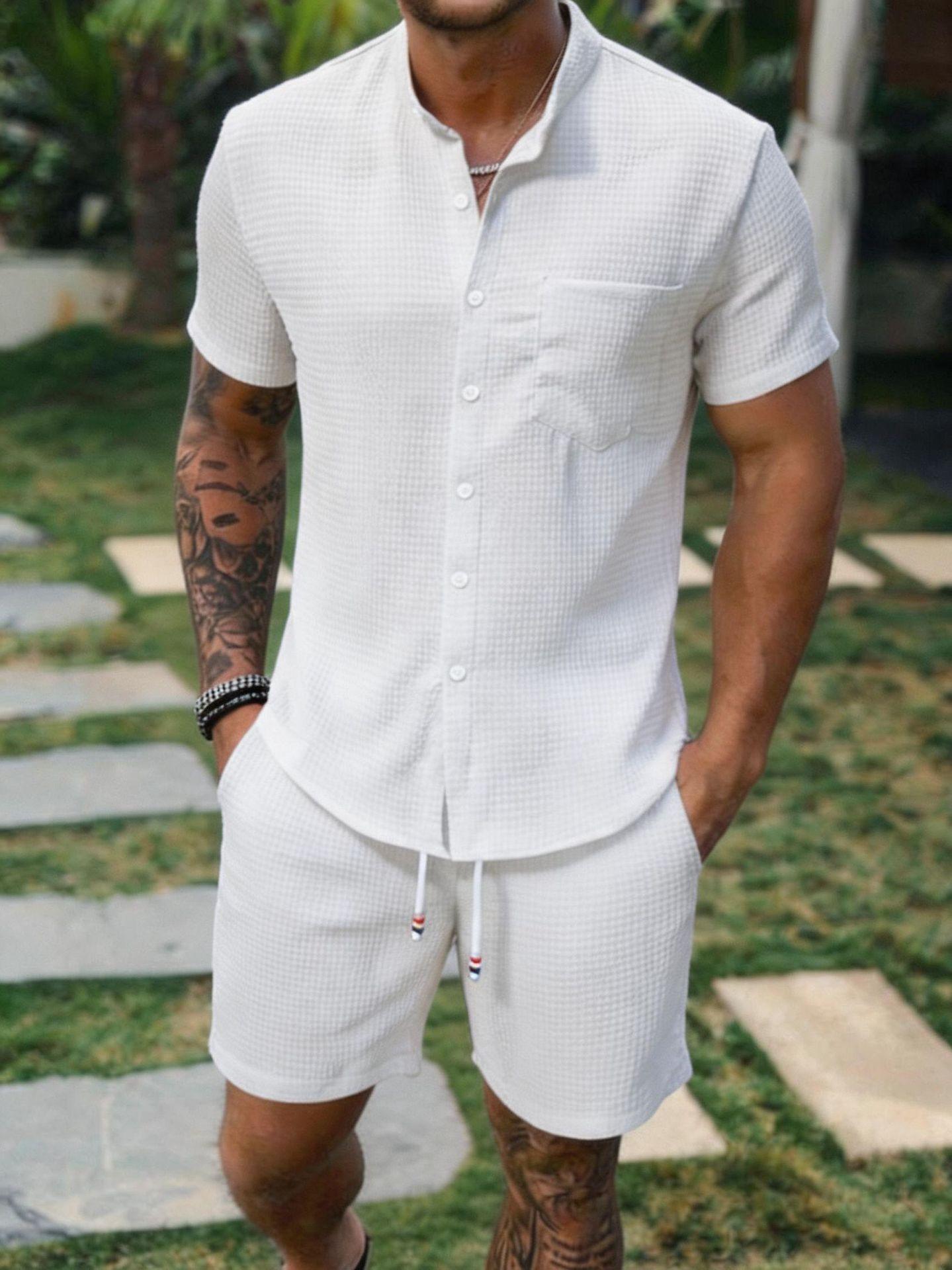 Men Minimalist Casual Solid Texture Short Sleeve Shirt And Shorts Two Piece Set S белый