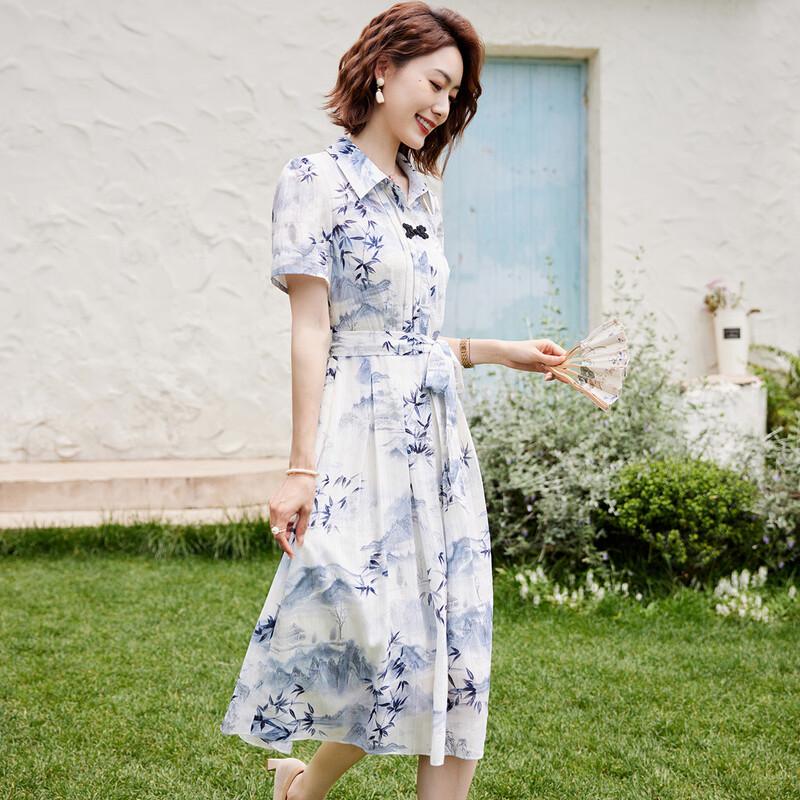 New Chinese Style Printed Tie-Waist Lapel Shirt Dress