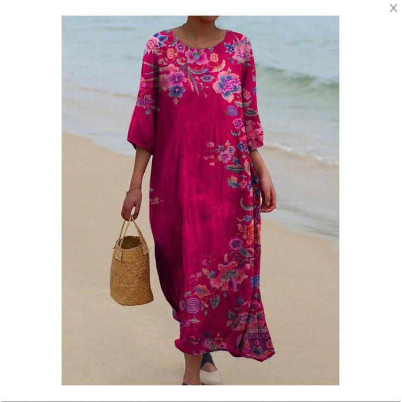 Women's Round Neck 3/4 Sleeve Midi Dress Casual Loose Solid Color Beach Vacation Long Dress