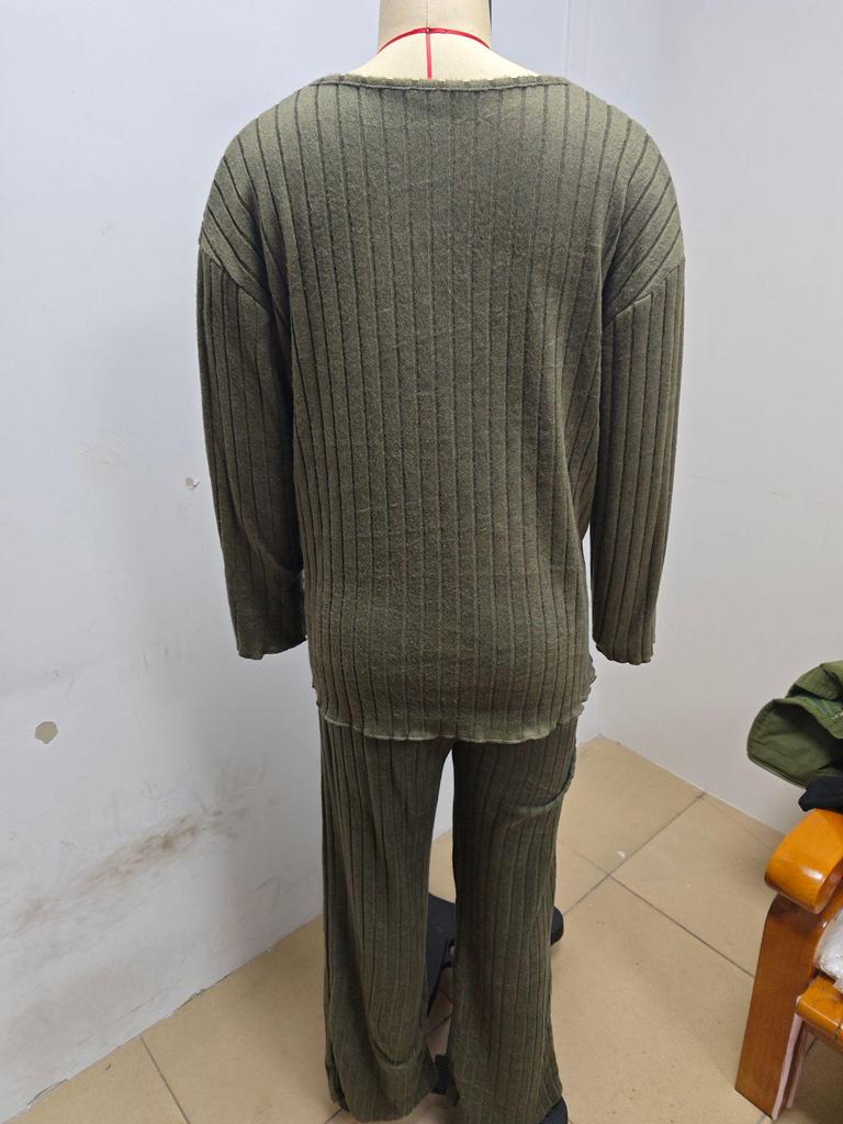 2025 Jesień/Zima Jednolity Kolor Dekolt V Długi Rękaw Dzianinowy Prążkowany Luźny Zestaw Casualowy