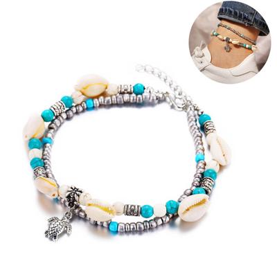 Women Turtle Charm Faux Turquoise Beaded Double Layers Anklet Beach Jewelry