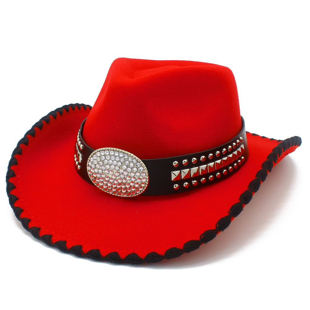 Fashion Contrast Color Personality Design Western Cowboy Hat Rivet Rhinestone Decoration Stage Suction Jazz Hat Versatile Top Hat