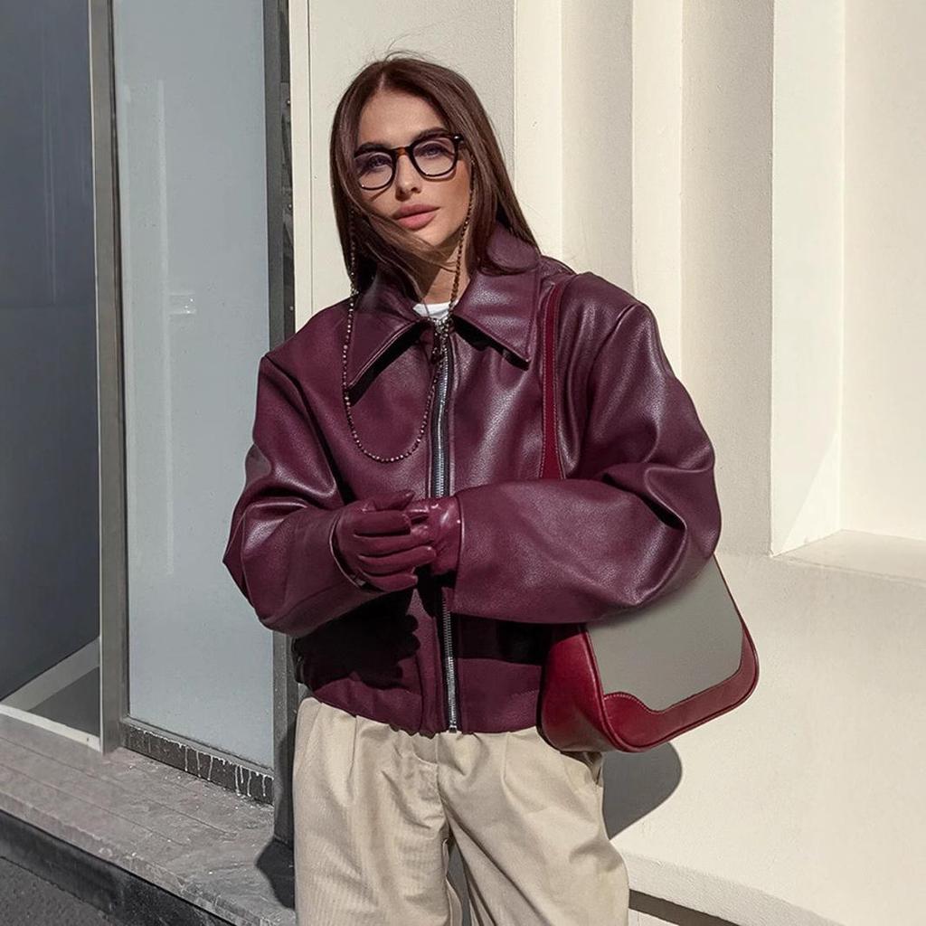 Women's Retro Burgundy Leather Motorcycle Jacket, 2024 Autumn European & American Fashion Matte Coat