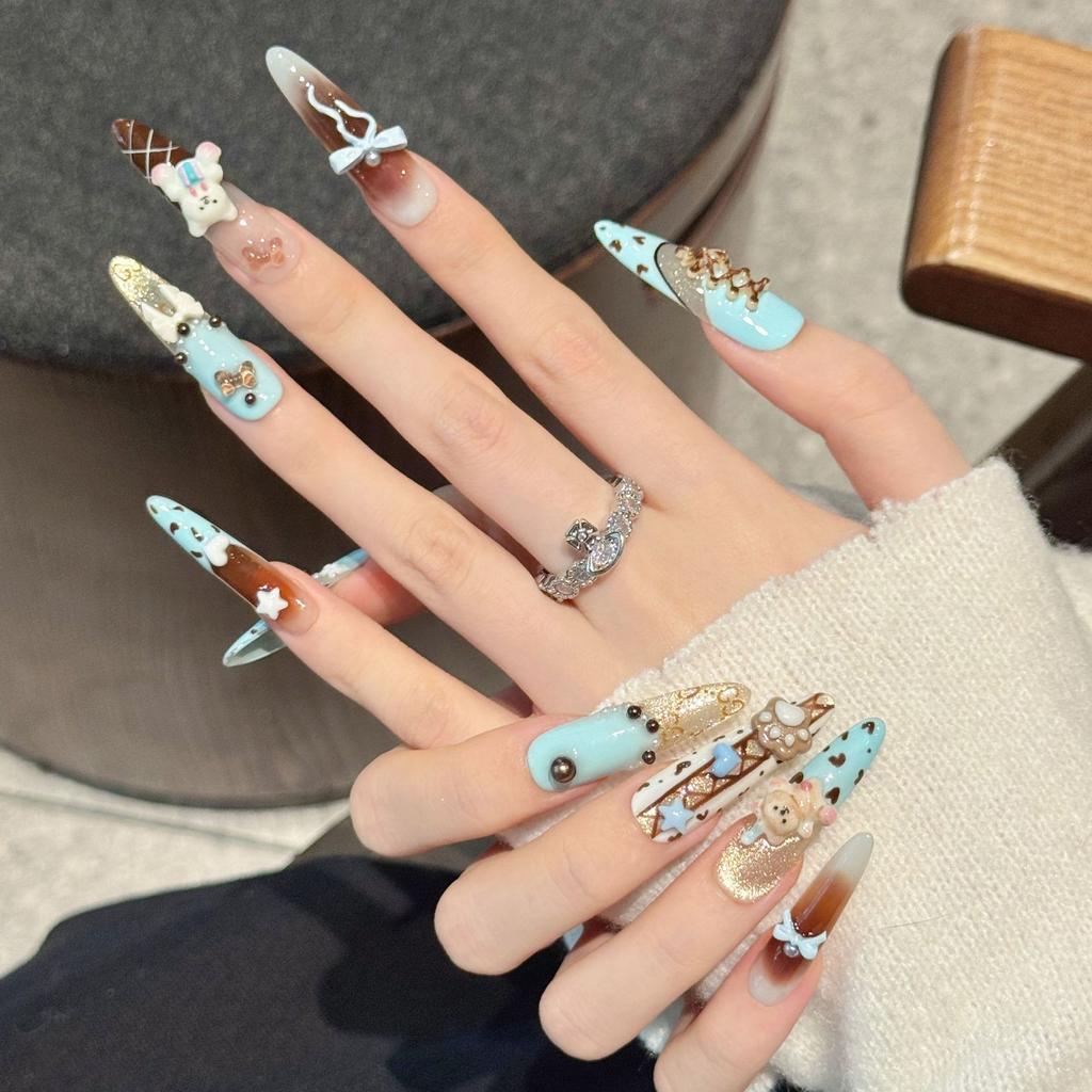 Handmade Press on Nails Long Stiletto Fake Nails Press ons with 3D Design Cute Acrylic False Nail Full Cover Glue on Nail Stick on Nail for Women