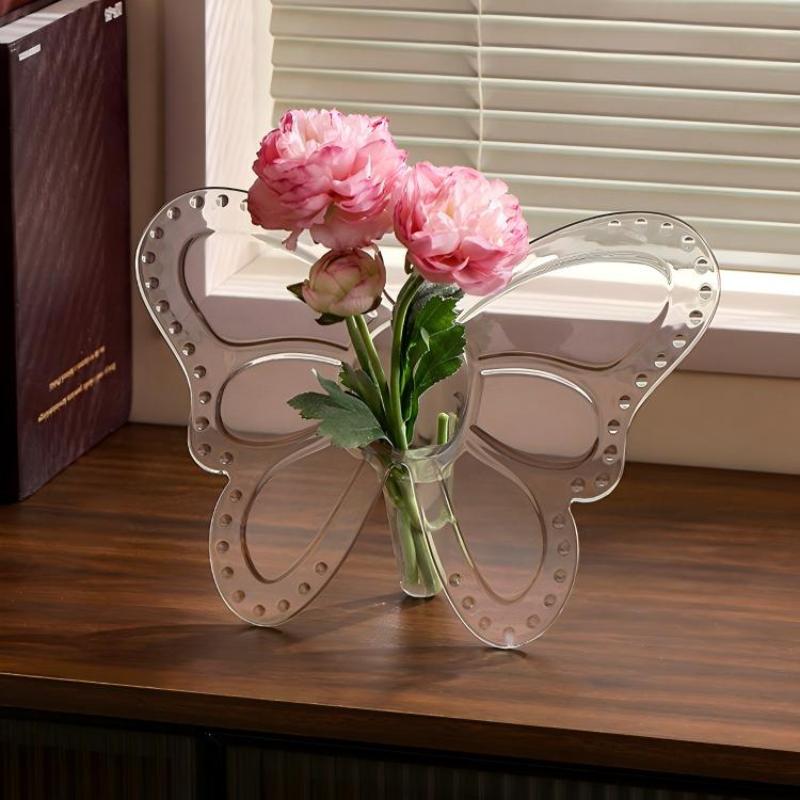 Ins Style Butterfly Shaped Clear Vase Plastic Frame Vase Water Plant Flower Vase Decoration Home Living Room Desktop Ornament