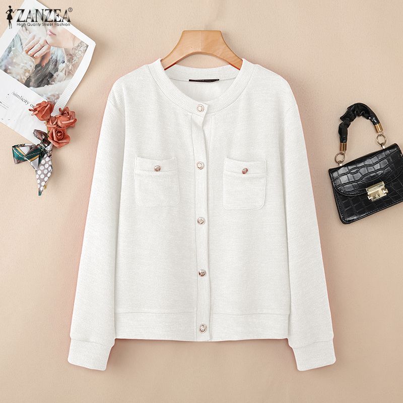 ZANZEA Women Casual Round Neck Loose Long Sleeve Thin Cardigan Blouse