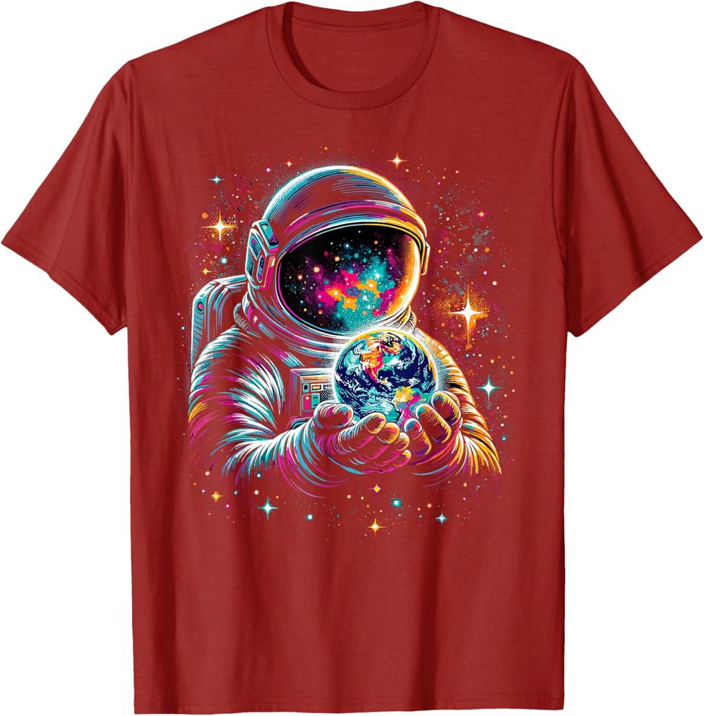 Astronaut Holding Earth Graphic Tee Retro Space Constellation Print Men Casual Trip T-Shirt