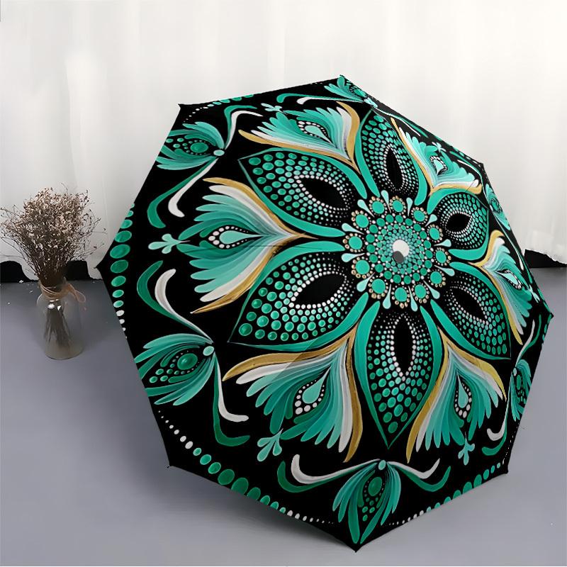 1pc Floral Mandala Automatic Folding Umbrella - Design, Durable Iron Frame for Travel, Outdoor, Beach Fashion Accessory a0920051