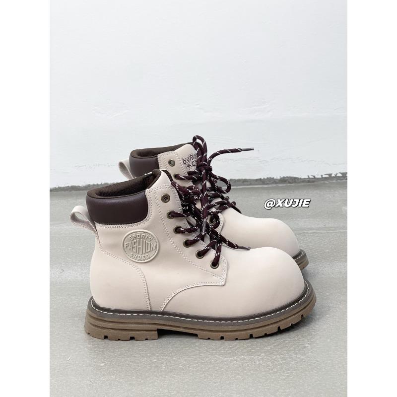 

Leather thick-soled Martin boots women s new retro versatile and thin short rhubarb boots fashionable short boots 35 бежевый