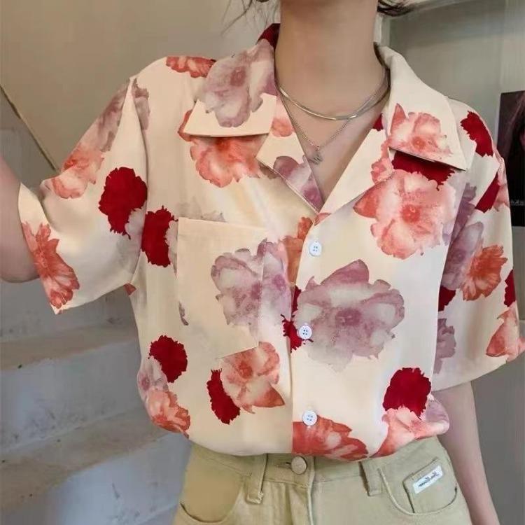 Vintage Floral Print Women Blouse Casual Loose Fit Turn Down Collar Leaf Design Chic Single Breasted Ladies Top