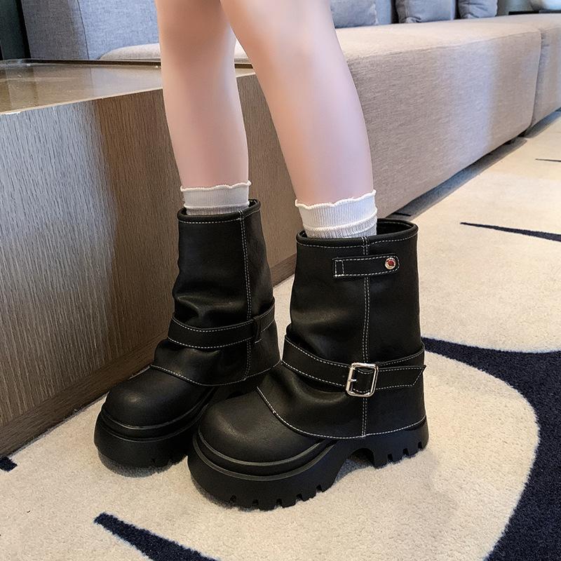 [Fanfna] Thick-soled trouser tube boots women's pile boots 2025 autumn new western cowboy short boots big head Martin boots