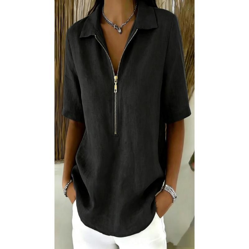 Women Casual Solid Color Lapel Zip Half Sleeve Fashion Blouse