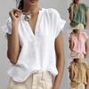 Women S Bohemian Style V Neck Short Sleeve Solid Color Cotton Linen Blouse