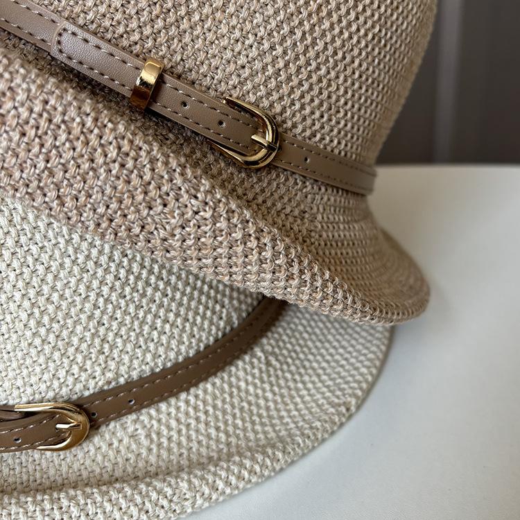 Spring and summer knitted breathable metal belt buckle bucket hat female vacation travel sunshade sunscreen hat curled small edge basin hat