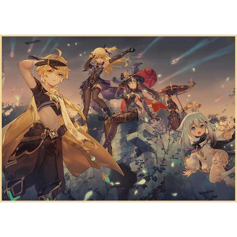 

Genshin Impact постеры с героями мультфильмов, принты на крафт-бумаге, домашний декор для комнаты, кабинет, спальня, бар, кафе, настенные картины, наклейки на стену 30x21cm