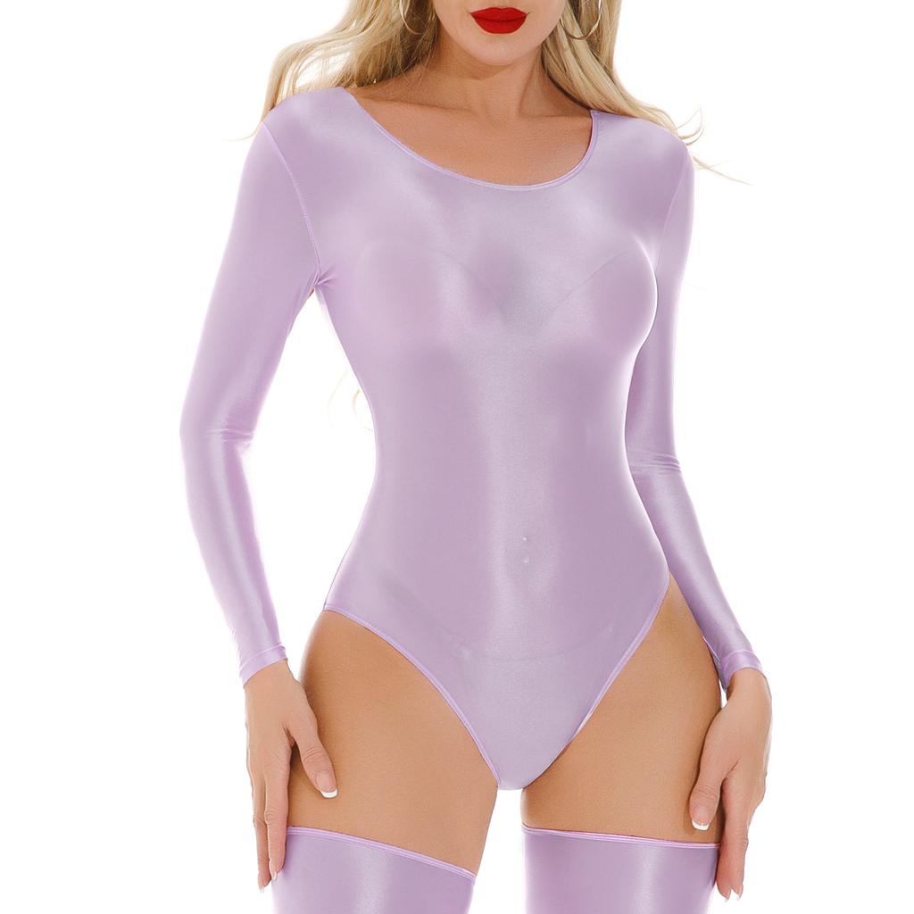 Womens Long Sleeve Leotard Glossy Bodysuit Stretchy Fitness Wear Nightclub Outfit Seamless Performance Wear