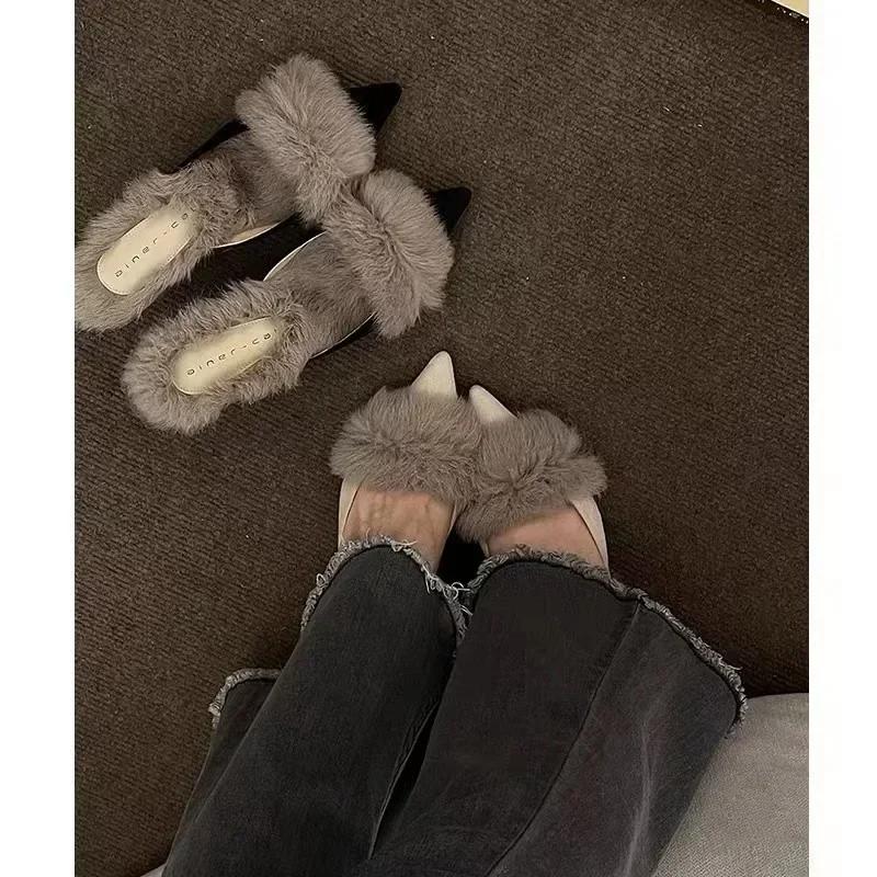 Fashion Women High Heel Shoes Fur Slippers Mules Pointed Toe Furry Slides Fashion Elegant Luxury Designer Flip Flops Office Pumps