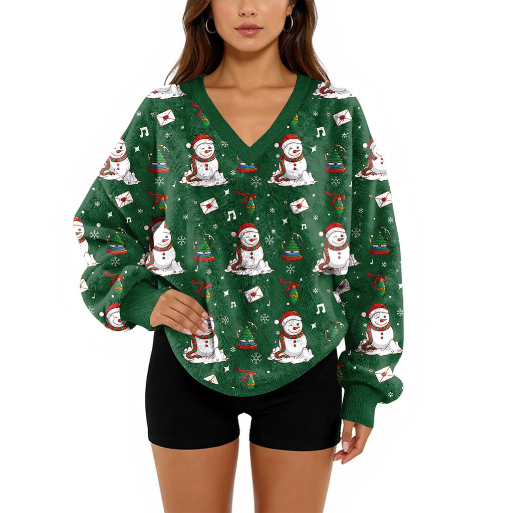Women's V-Neck Sweatshirt Plush Solid Color Casual Fashion Long Sleeve With Pocketed Pullover Top