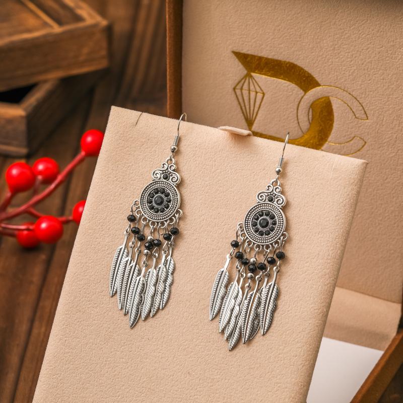 Vintage Bohemian Drop Dangle Earrings For Women Geometric Crystal Beads Handmade Leaf Tassel Ethnic Boho Beach Holiday Zircon