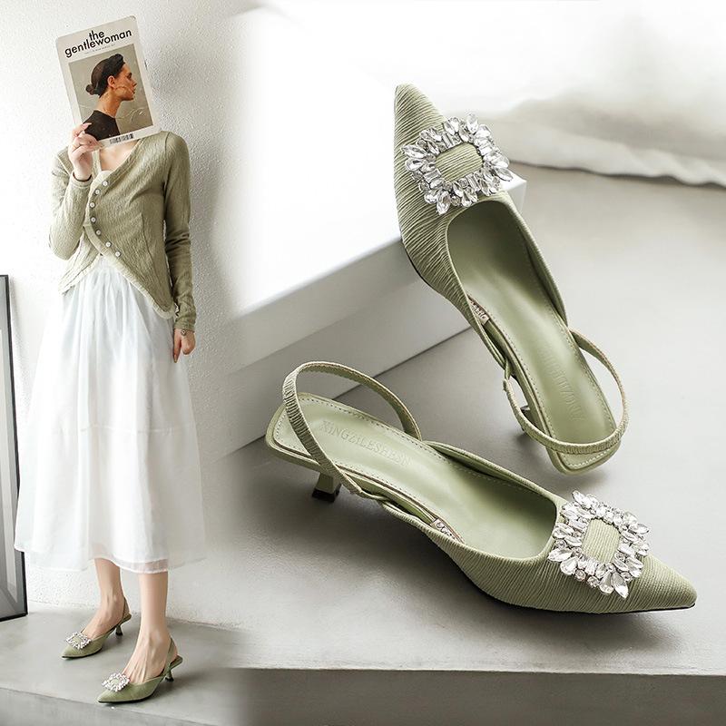 Red high-heeled sandals women's outer wear summer 2025 new pointed-toed empty bag-head women's shoes rhinestone square buckle stiletto shoes