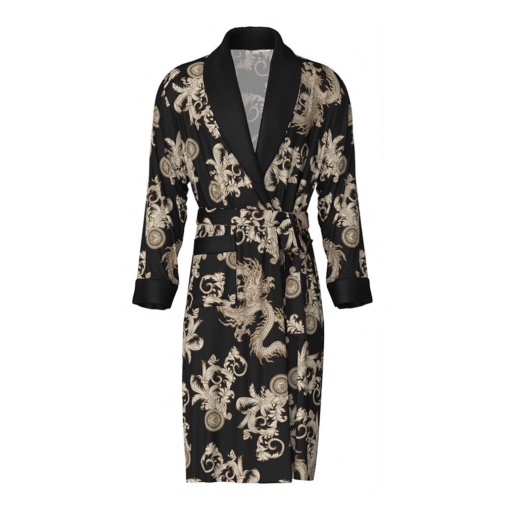 Yaoting Men's Long Sleeve Silk Pajamas and Robe Set, Ice Silk Fabric, WP032