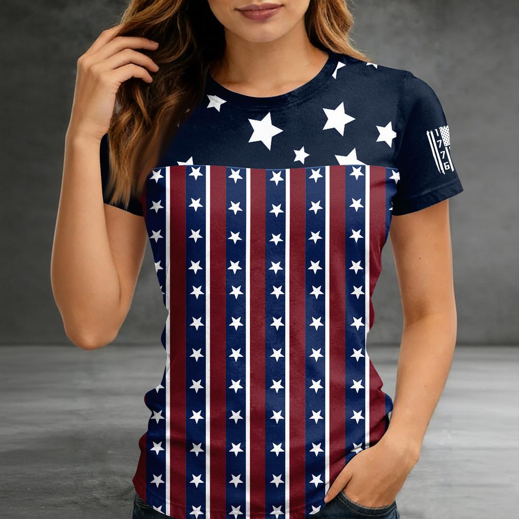 Women's Short-sleeved Top, Casual Slim Fit Women's Round Neck Short-sleeved Printed Shirt