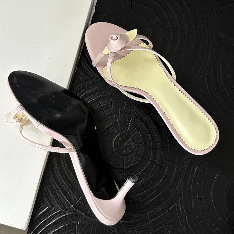 Eilyken Summer Flower Narrow Band Woman Slippers Slip On Thin Low Heels Party Stripper Beach Ladies Mules Slides Zapatos Mujer