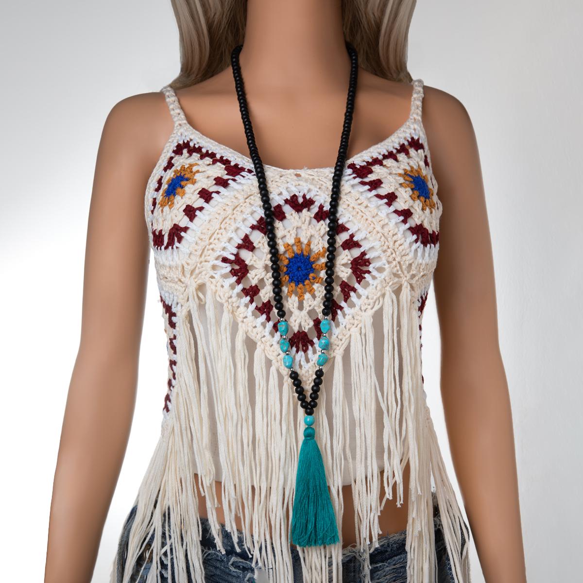 Fashionable retro black wood bead mixed with turquoise bead long tassel Y-shaped versatile women s long necklace