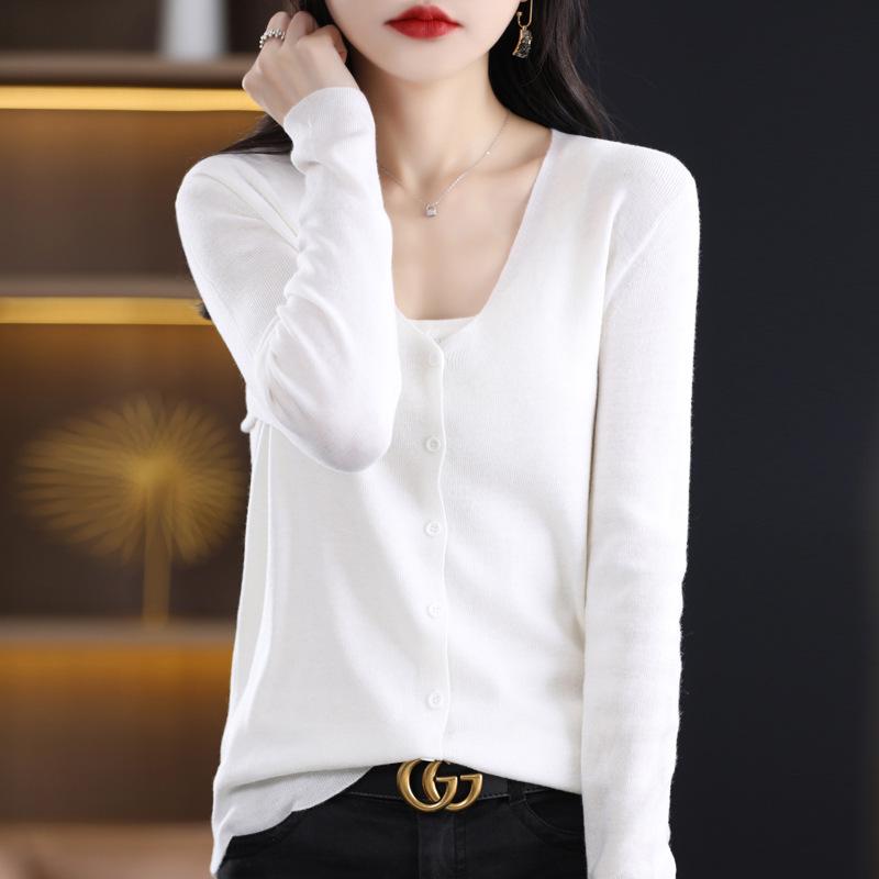Women's 100% Pure Wool V-Neck Cardigan - Solid Color, Button-Up, Loose Fit Knitwear