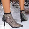 New Rhinestone Mesh Sexy High Heeled Sandals for Women 2025 Summer Openwork Fashion Big Size Pointed Toe Sandals
