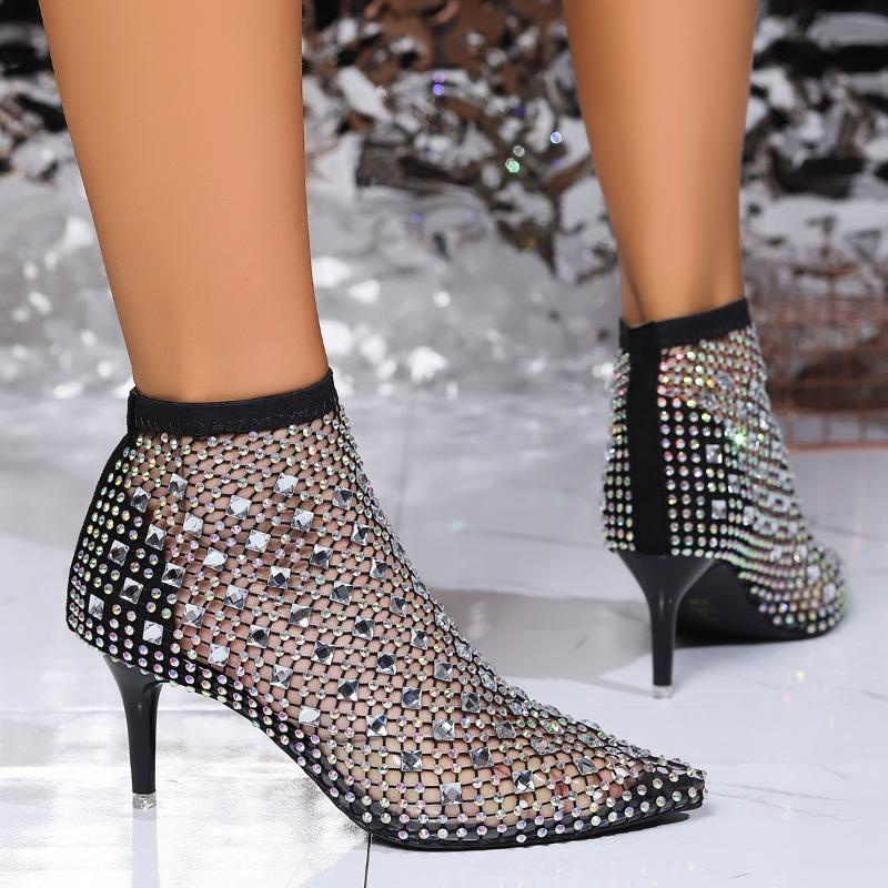 New Rhinestone Mesh Sexy High Heeled Sandals for Women 2025 Summer Openwork Fashion Big Size Pointed Toe Sandals