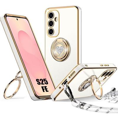 Funda para Samsung Galaxy S25 FE, Silicona Suave con Cordón y Anillo Giratorio Brillante - Blanco