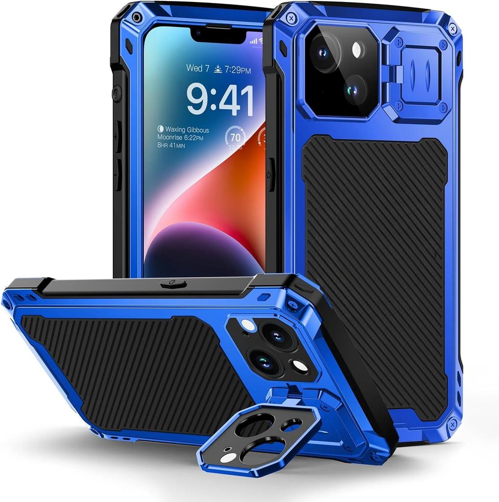 For IPhone 14 Pro Max 15 16 Plus Aluminum Metal Armor Magnetic Phone Case Lens Stand Screen Protect Heavy Duty Shockproof Cover