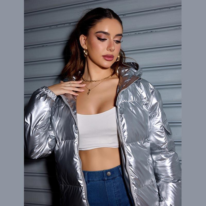Winter Trendy Shiny Hooded Down Coat Women Long Sleeve Solid Color Slim Fit Cotton Warm Parkas Jacket