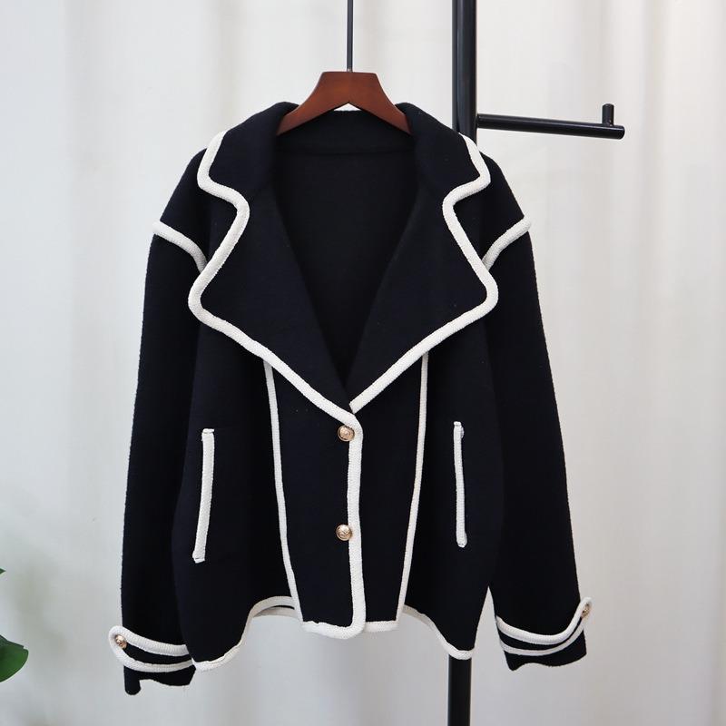 Autumn new contrasting color design sense knitted double-sided woolen cardigan loose sweater jacket women