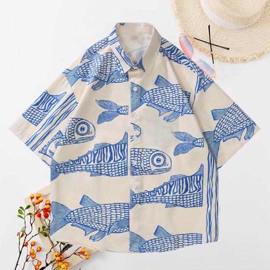 Men Beach Shirt 3D Fish Print Contrast Color Plus Size Short Sleeves Turn-down Collar Streetwear Single-breasted Plus Size Cardigan Men Summer Top