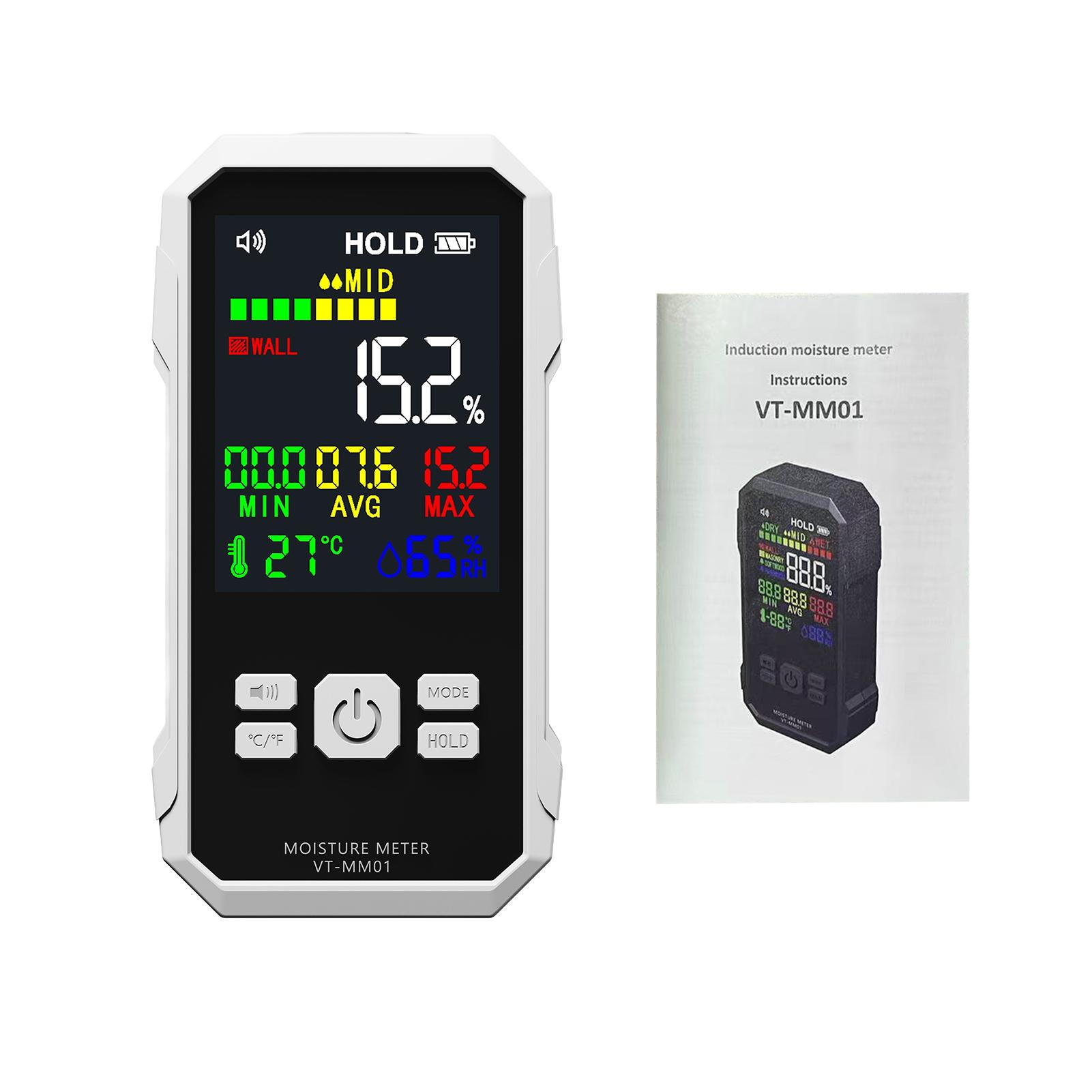 

Бесконтактный влагомер для гипсокартона, детектор влажности древесины, неразрушающий тестер с ЖК-дисплеем, высокочастотные волны, запись одной кнопкой белый