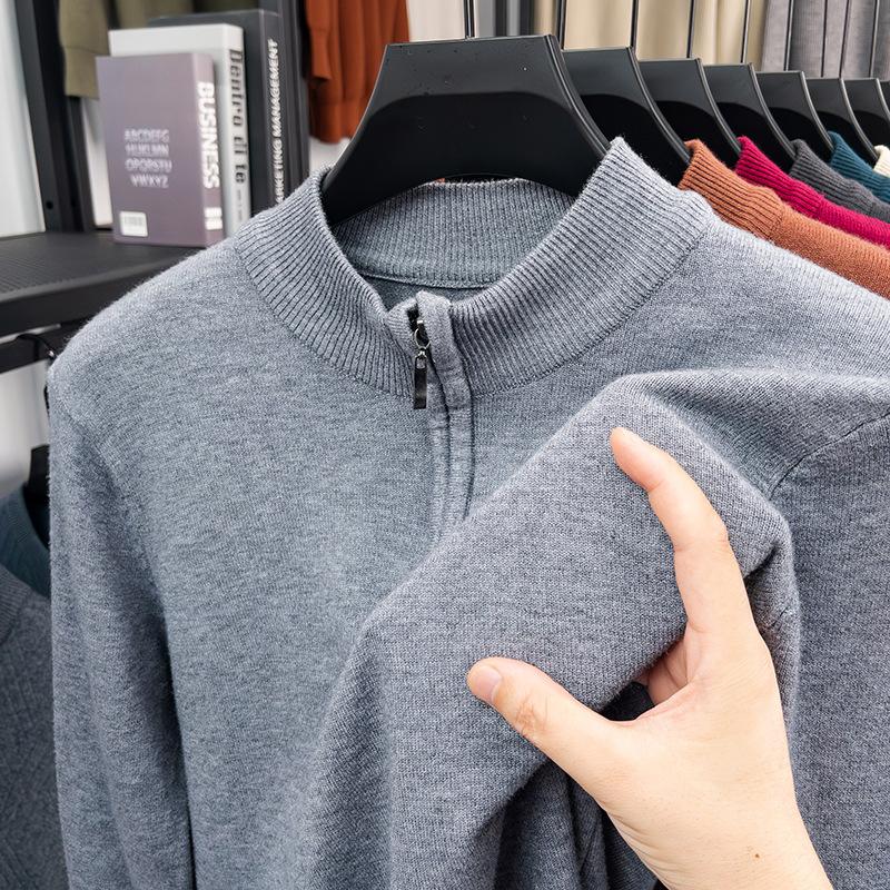 Men New Style Zip Knitted Shirt Solid Color Fashion High End Long Sleeve Base Layer Loose Casual Top