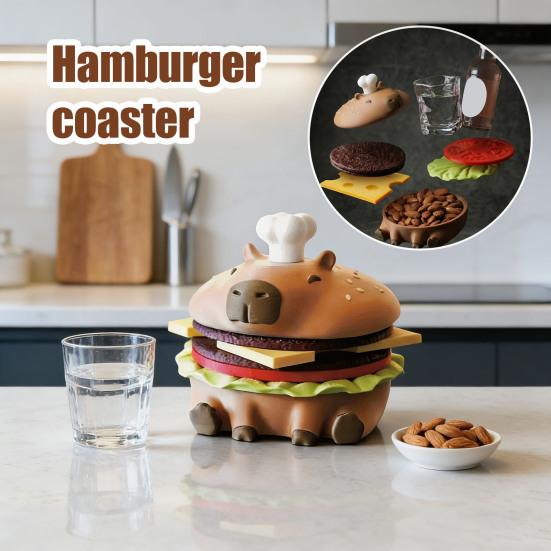 Capybara Burger Coaster Set Cute Hamburger Coaster with Bottle Opener And Storage Bowl Funny Animal Themed Coaster for Drinks Coffee Tea Table Decor
