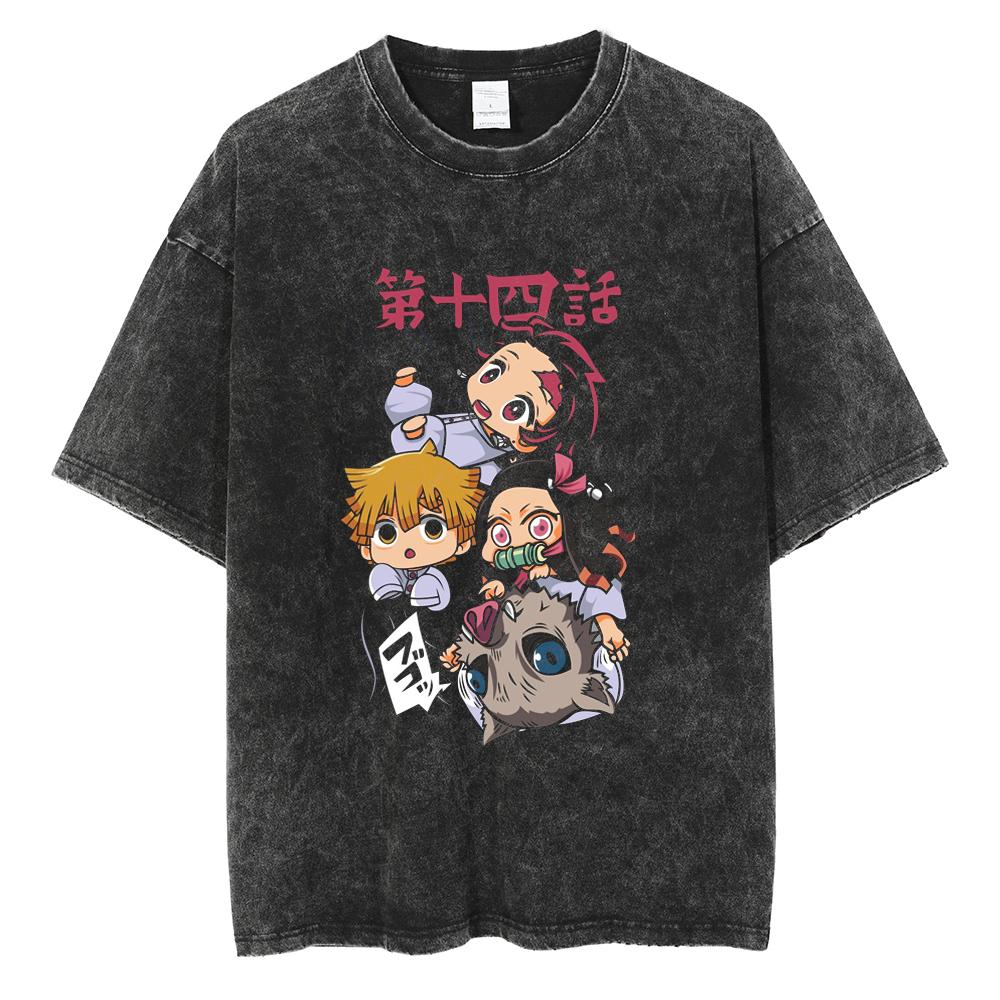 Japanese Anime Demon Slayer Graphic T-shirt Washed Cotton T-shirt, Anime Demon Killer Daily Street Outfit