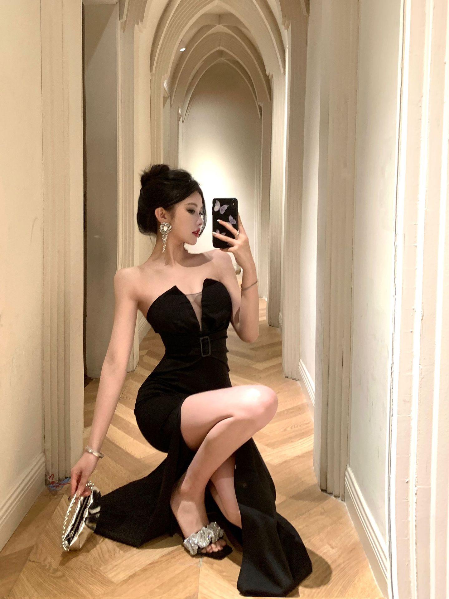 Premium sense sexy tube top dress women s summer new mesh splicing chest wrap split hip wrap skirt S чёрный