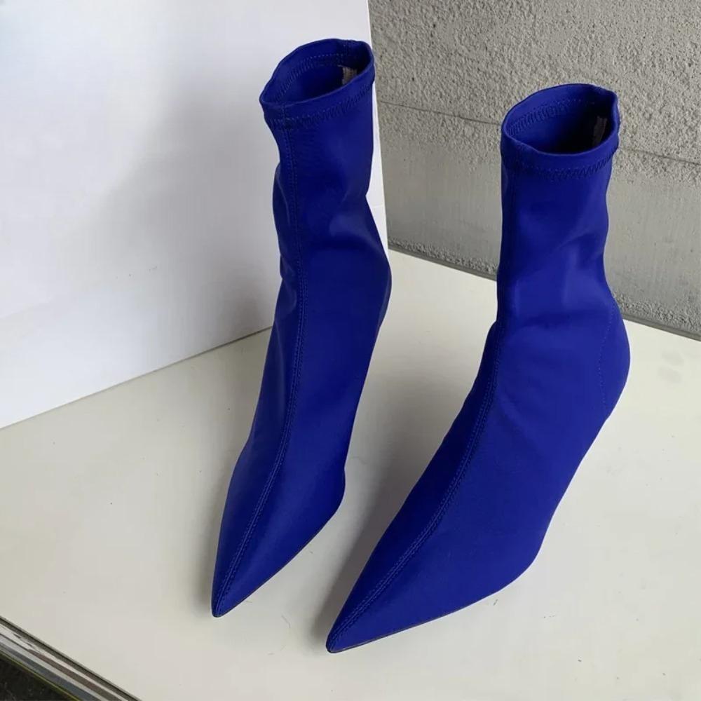 Stivali alla caviglia da donna in tessuto elasticizzato Autunno Primavera Punta appuntita sexy Tacco alto Moda Calzini da donna Scarpe con tacco a spillo